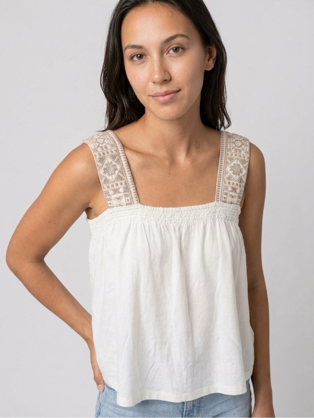 Lucky Brand White Tank Top With Embroidered Accents - Never Worn Xl
